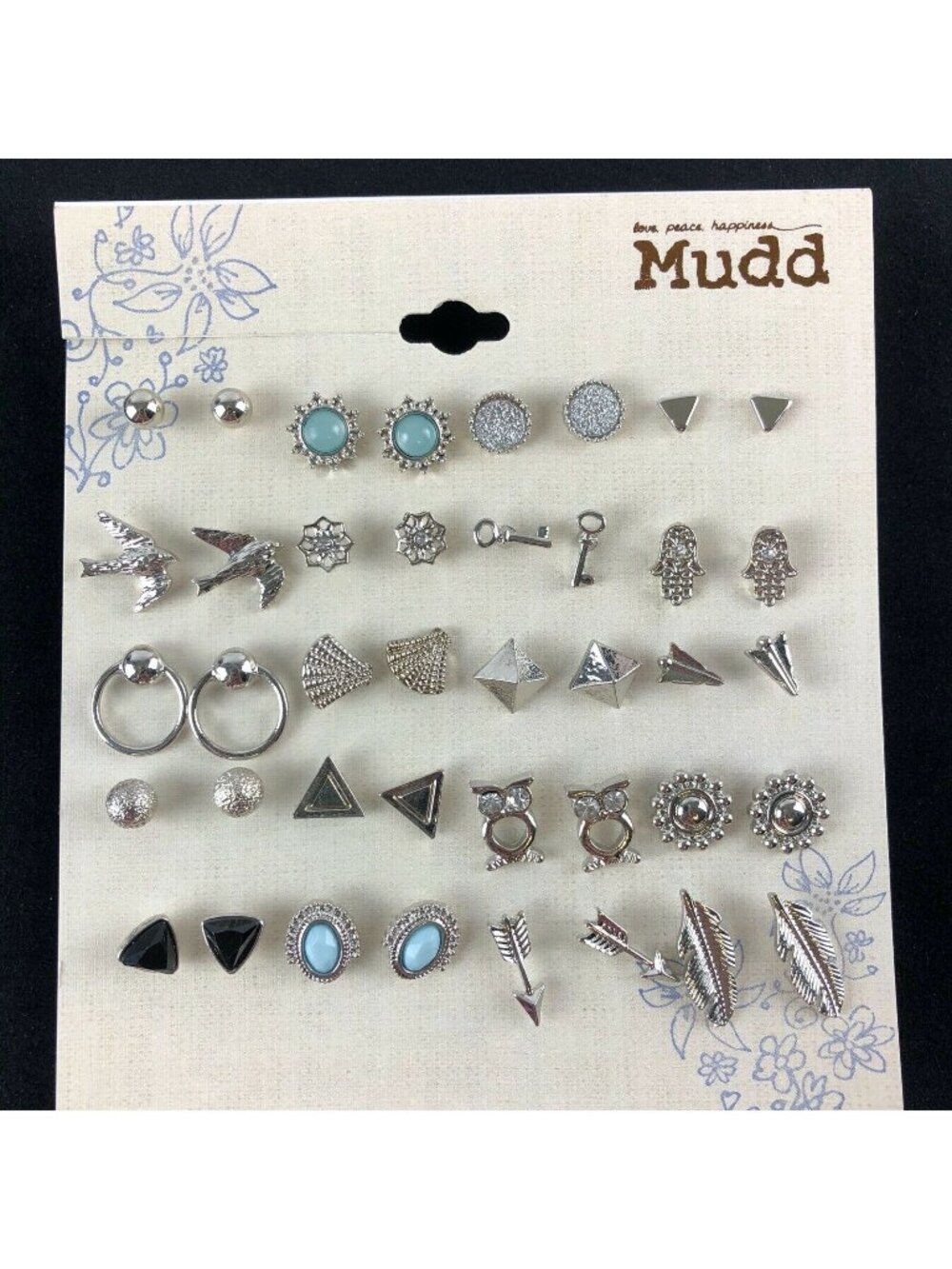 Mudd Earrings 20 Pairs Silver-tone Rhinestone Hasma Owls Arrows Birds Blue